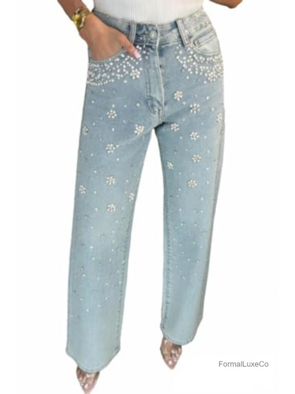 Rhinestone Pearl Embellished Wide Leg Jeans High Waisted Baggy Denim Pants